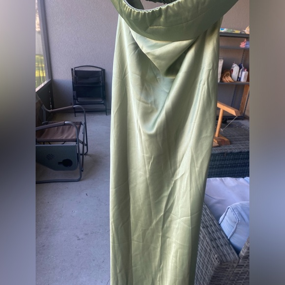 Strapless, sage green, satin dress - Picture 3 of 8